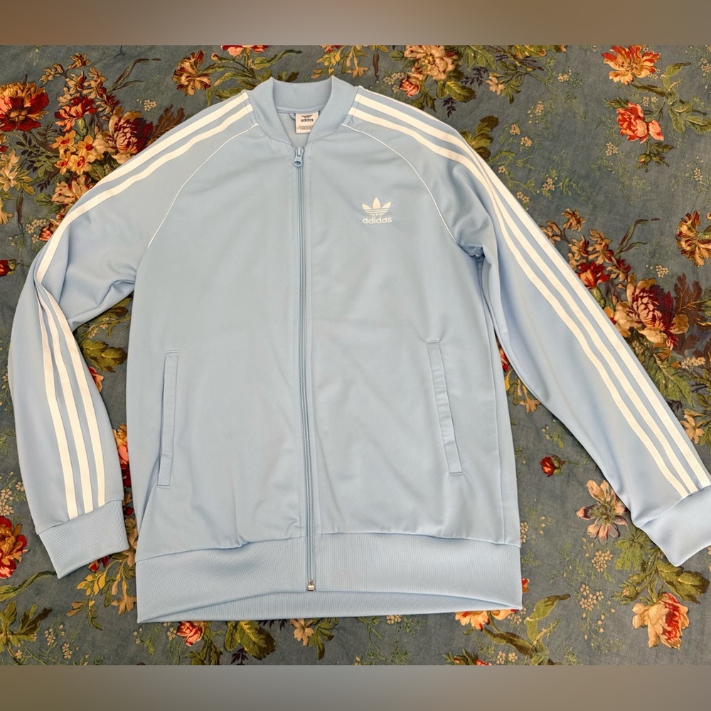 NWOT Adidas Light Blue Zip-Front Track Jacket with White Stripes